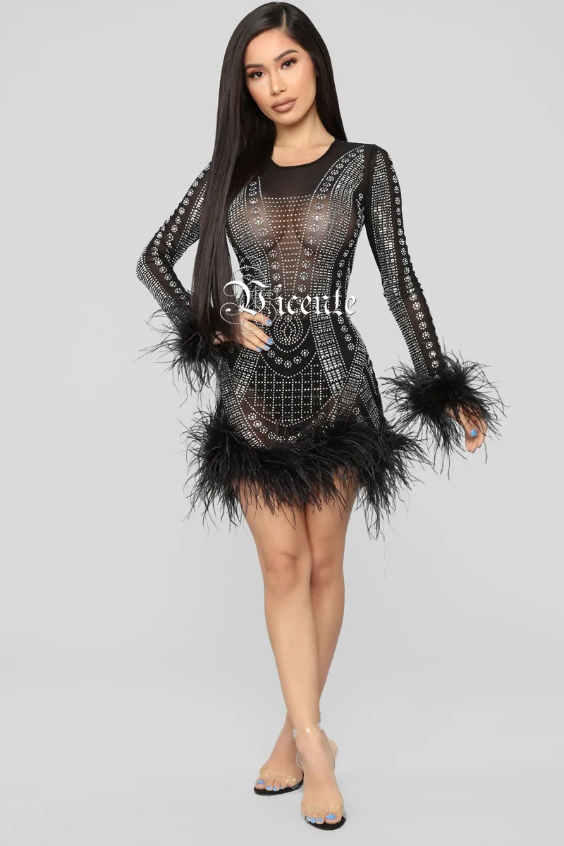 VC Горячая новинка, шикарные бусы, черные перья, украшенные сеткой, с длинными рукавами,, женская одежда для вечеринки знаменитостей, платье