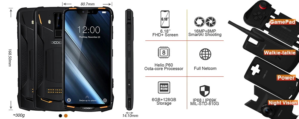 IP68/IP69K DOOGEE S90 модульный прочный мобильный телефон 6,18 дюймов дисплей 5050 мАч Helio P60 Восьмиядерный 6 ГБ 128 ГБ Android 8,1 16,0 M Cam