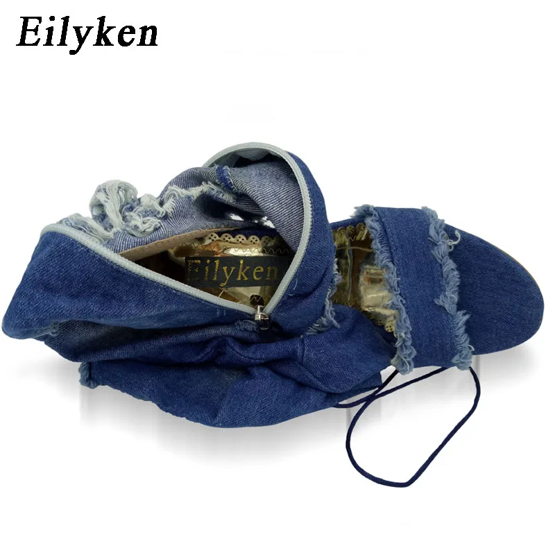 Eilyken/женские сандалии; коллекция года; сезон лето; джинсовые сандалии-гладиаторы выше колена; сапоги до колена с открытым носком; женская обувь; Цвет Небесно-Голубой; размер 40