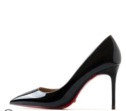 black 8cm Туфли с красной подошвой; женские пикантные туфли-лодочки; туфли из натуральной кожи на высоком каблуке; свадебные туфли на тонком каблуке с красной подошвой и острым носком; вечерние туфли из органической кожи - Цвет: black 8cm