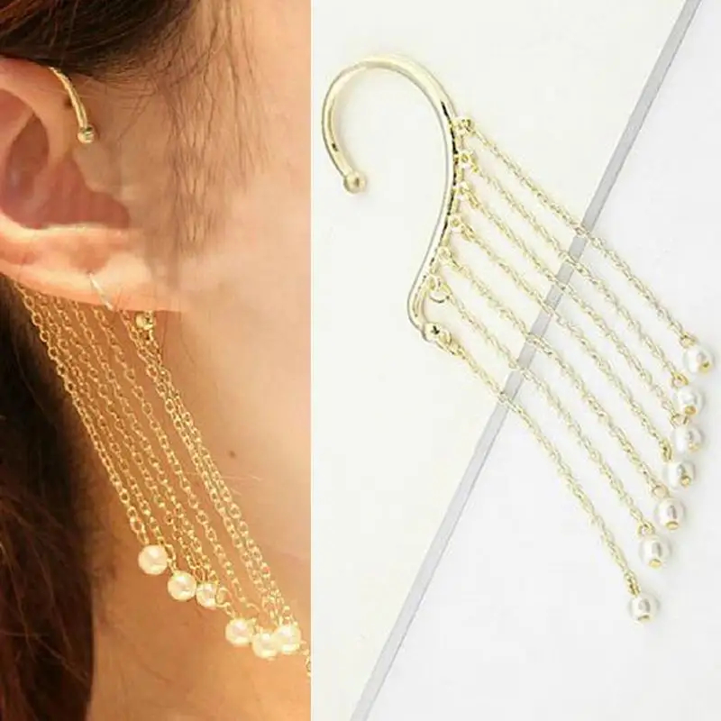 Винтажные серьги-каффы с кисточками и имитацией жемчуга для женщин, женские серьги-подвески для ушей, модные ювелирные изделия