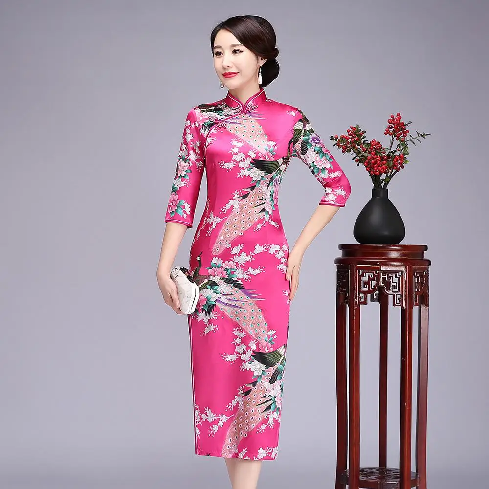 Винтаж для женщин печати Cheongsam классический цветок атласное платье китайский стиль шоу на сцене платья для платья большого размера Qipao Vestido 5XL 6XL - Цвет: Long Sleeve 4