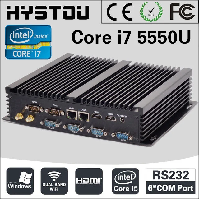 Безвентиляторный мини ПК Core i7 5500U I7 4200U i5 Windows Linux Dual LAN NICS 6 * RS232 сервер 2955U
