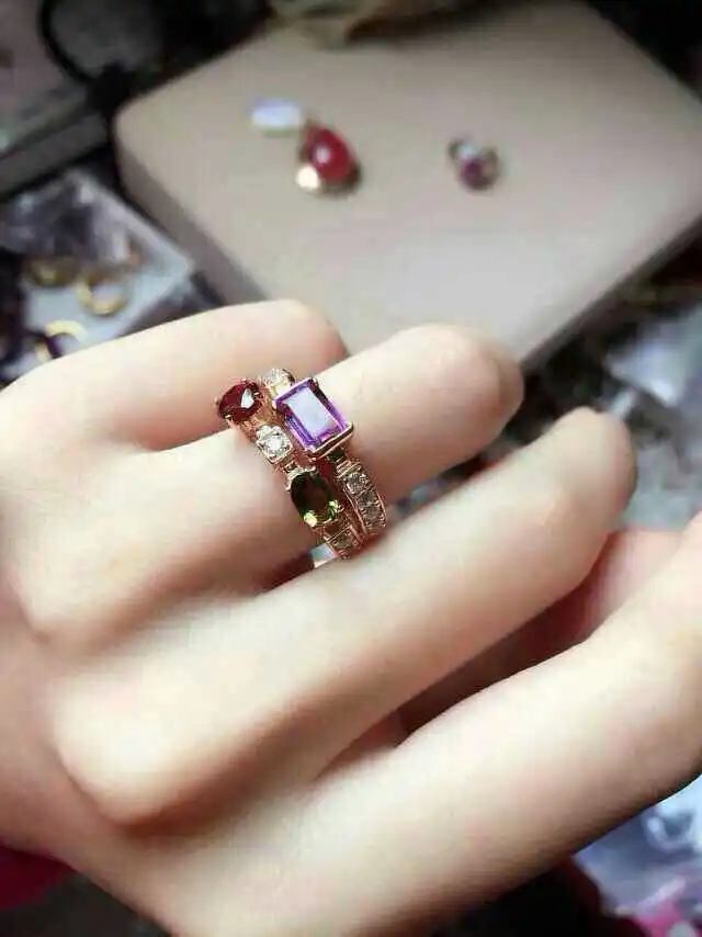 Женское кольцо с разноцветным турмалином из серебра 925 пробы|925 sterling gemstone rings|gemstone