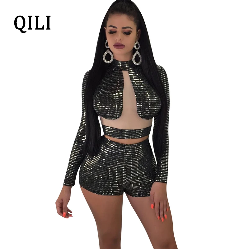 QILI Flash Sequined Комбинезоны женские комбинезоны с длинным рукавом из 2 частей Сетки