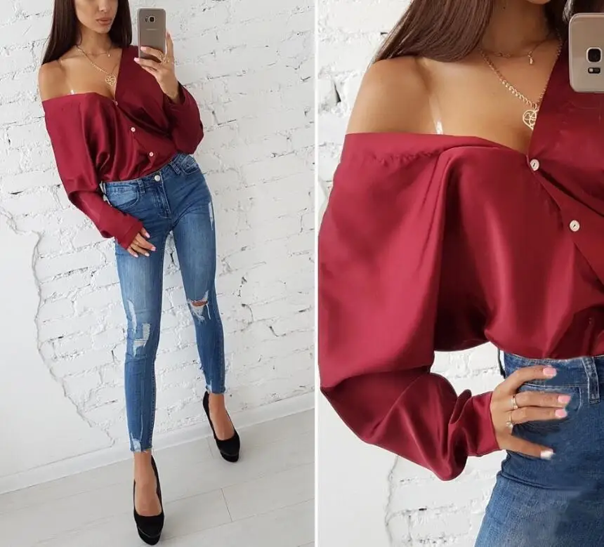 Весенние топы 2019 модная однотонная Сексуальная блуза с глубоким v-образным