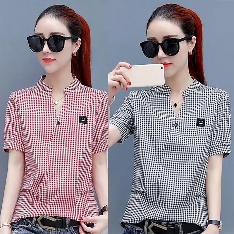 

Women Simple Plaid Button Shirts Short Sleeve V-Neck Blouses Woman Summer Casual Slim Tops Blusas Shirts