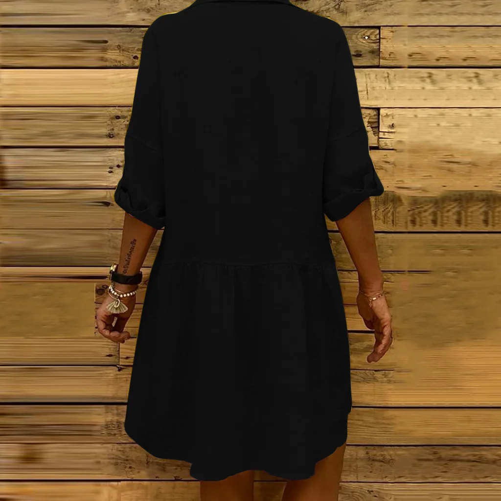 Летнее платье женское повседневное однотонное богемное с отложным воротником на