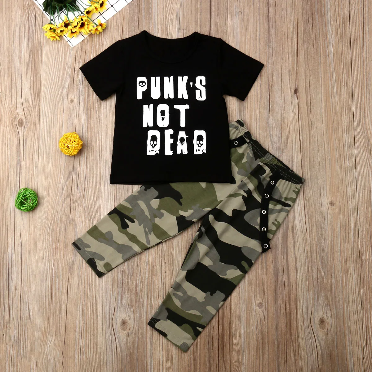 2PCS Toddler Kids Baby Boy Girl Clothes Sets 1-6Y Letter Print Black Tops Camouflage Long Pants Outfit Set | Детская одежда и