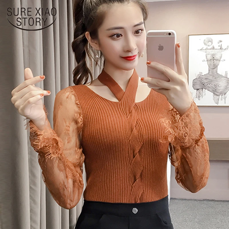 fashion womens sweaters 2019 spring flare Long Sleeve pullovers women sweater sexy hollow Lace v collar Knitted 2550 50 | Женская одежда