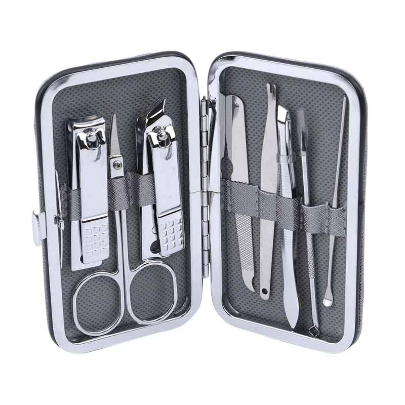 gray 8PCS/Set Stainless Steel Kit Nail Pedicure Manicure Set Art Care Scissor Tweezer Ear Pick Clipper Acne Needle Tool Utility - Цвет: gray