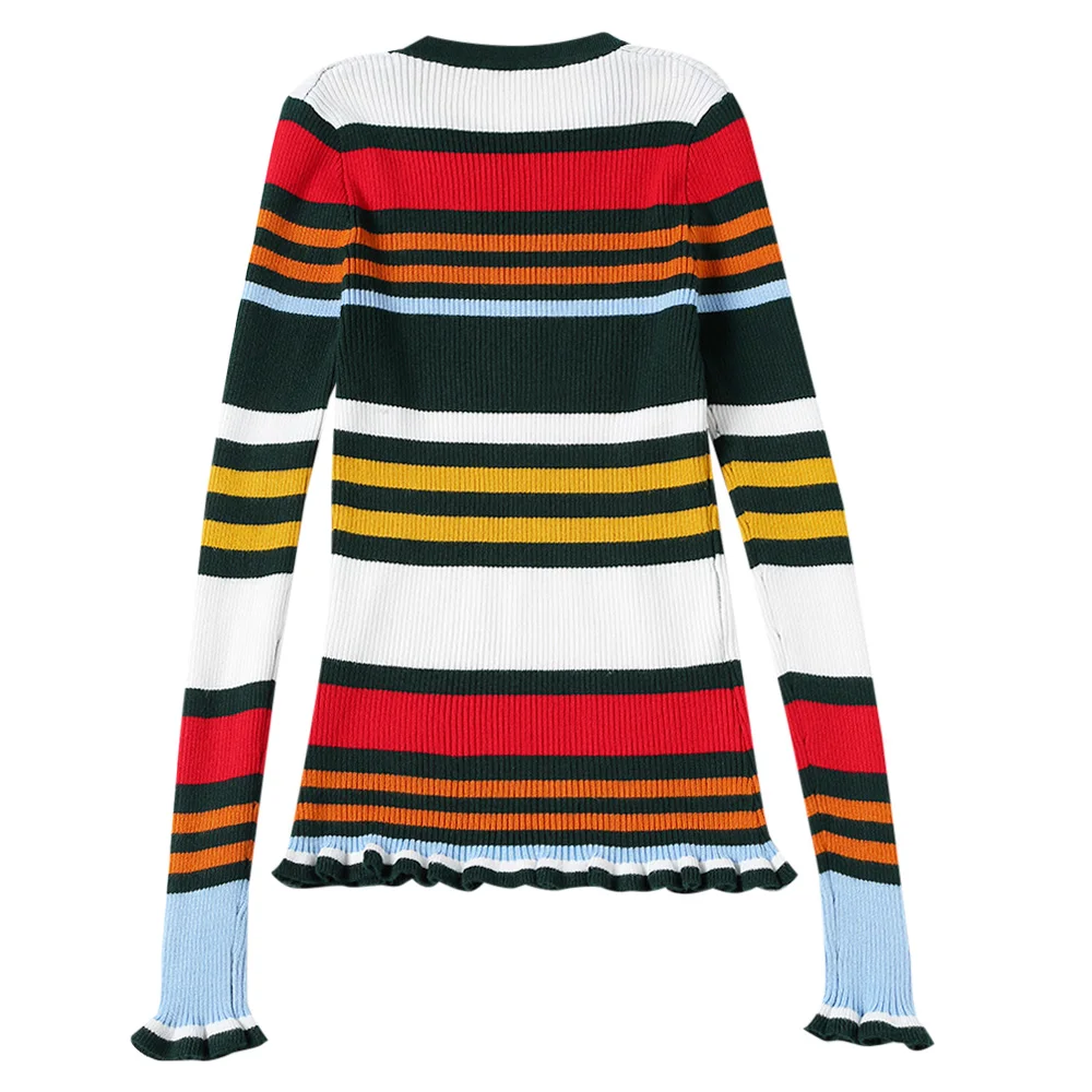 Kenancy Women Pullovers Color Tight Stripe Ruffle Woollen Sweater Long Sleeve O-Neck Knitted Female Autumn Jumper | Женская одежда