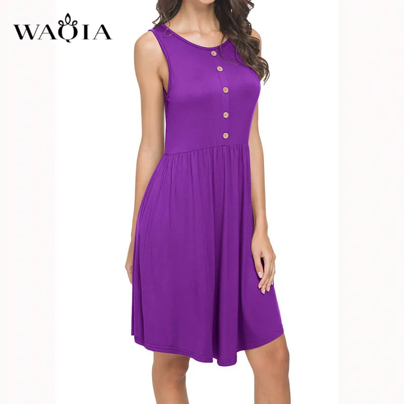 Waqia 2019 летнее платье женское однотонное мини без рукавов Boho короткое пляжное