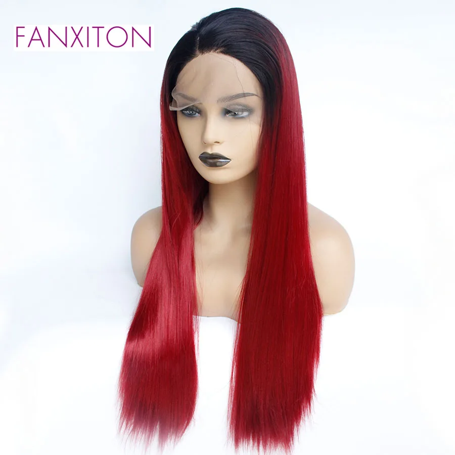 FANXITON Red Wigs Synthetic Lace Front For Black Women Straight Long Cosplay Ombre Glueless Hair | Шиньоны и парики