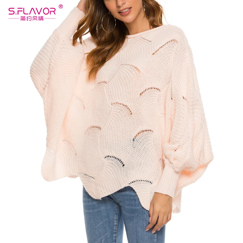 S.FLAVOR New Fashion O Neck Hollow Out Pullover Winter Batwing Sleeve Loose Sweater Women Pull Knitwear Sexy Sweaters | Женская одежда