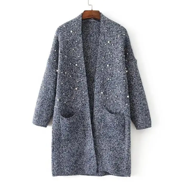 Women's Beading knitting Cardigan Studded Sweater Fall New Long Style Pure Color Loose Large Size Casual Outside CH341 |