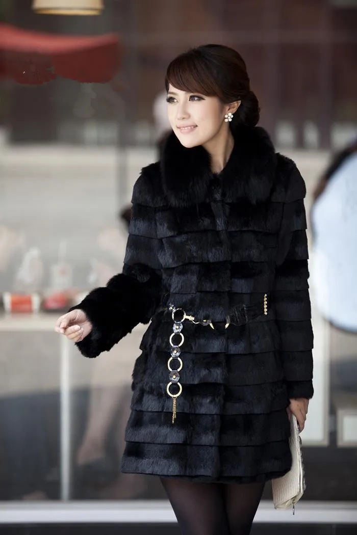 Черная/белая женская длинная куртка из искусственного меха кролика Рекс