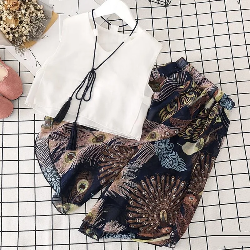 2 шт. шифоновая блузка без рукавов + штаны с принтом|girls clothing|summer girls clothing setsgirls sets |