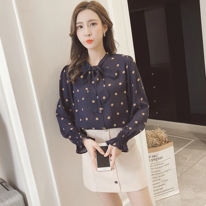 

2021 new fashion long sleeved blouses casual women tops chiffon blouses shirts polka dot bow sweet lady women clothing 0292 40