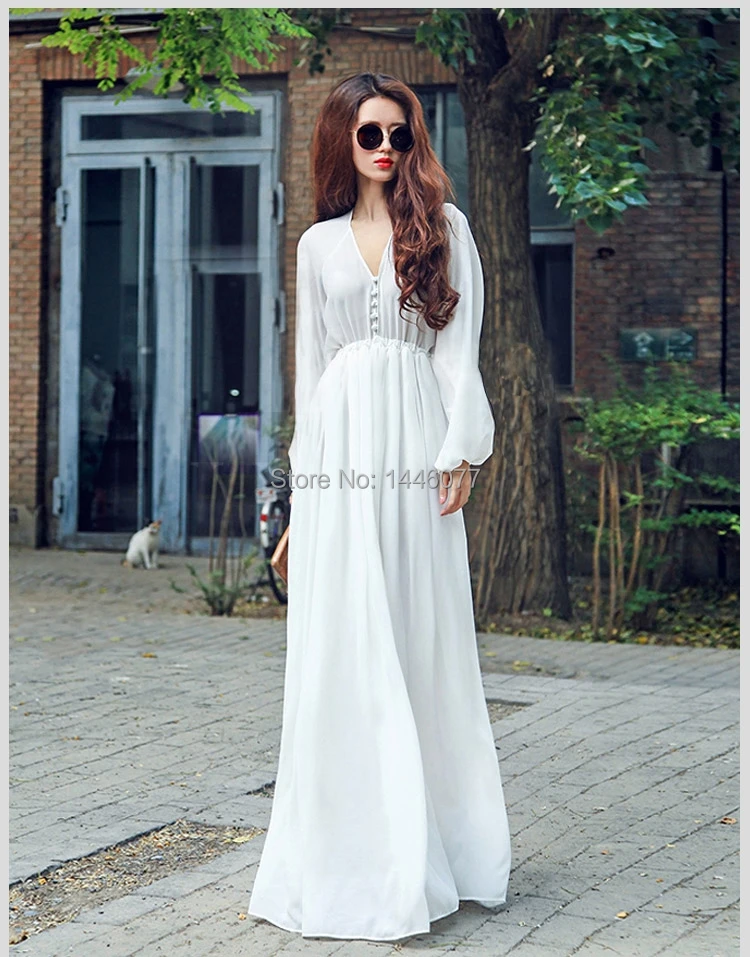 New 2015 Sexy Women Long Sleeve White Chiffon BOHO MAXI Dress Party Beach Prom V neck Lantern Solid Dresses Hot | Женская одежда