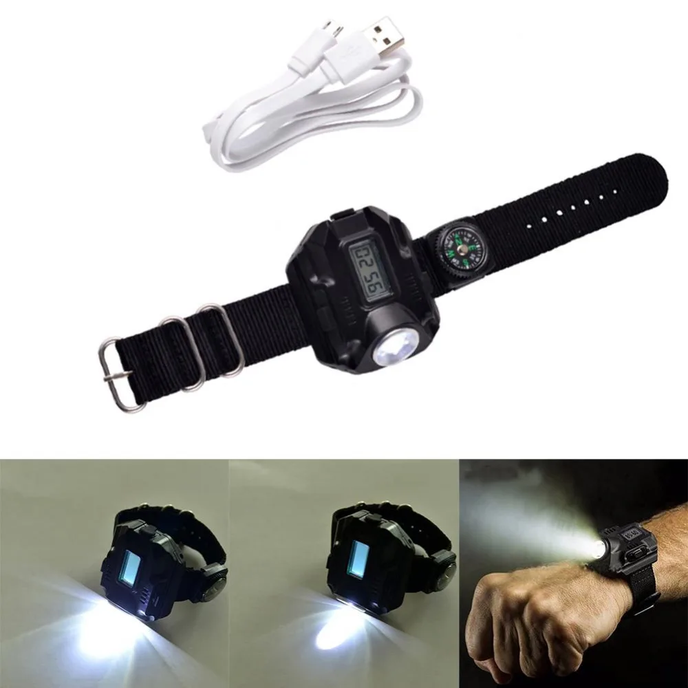 Новинка 2019 LED наручные часы фонарик Фонарь XPE R2 USB Перезаряжаемый тактический