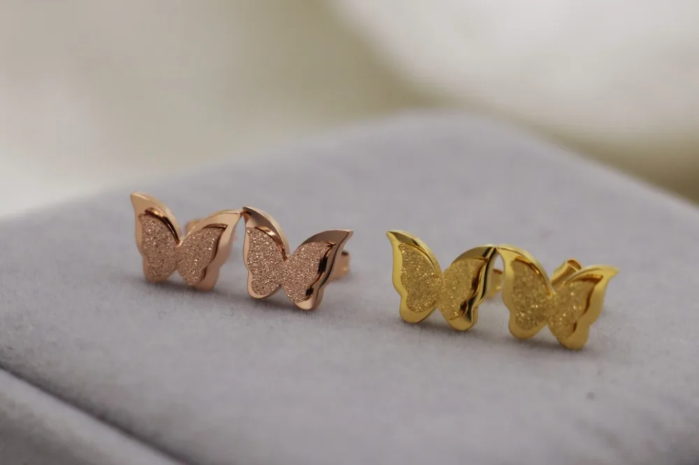 2018 Fashion Brand Love Cute Insect Dull Polish Butterfly Stud Earrings Stainless Steel Rose Gold Color Women Party Gift | Украшения и