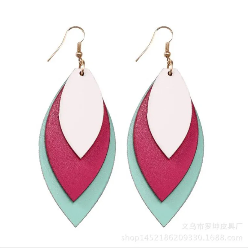 Женские кожаные серьги с блестками в богемном стиле трехслойные блестящие из