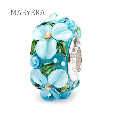 Lake blue MAEYERA 925 пробы серебряные бусины лэмпворк богемные стерео лепестки муранского стекла бусины для европейских браслетов ювелирные изделия - Цвет: Lake blue