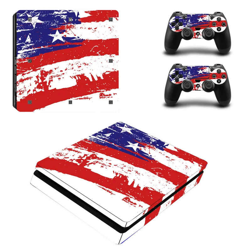 Виниловая наклейка с американским флагом для Sony Playstation 4 Slim Console + 2 кожаных чехла PS4