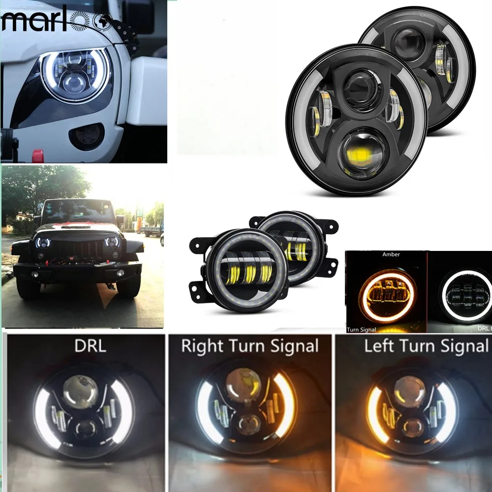 Marloo для 2007-2017 Jeep Wrangler JK Белый DRL Янтарный сигнал светодиодный светильник 7 "Halo
