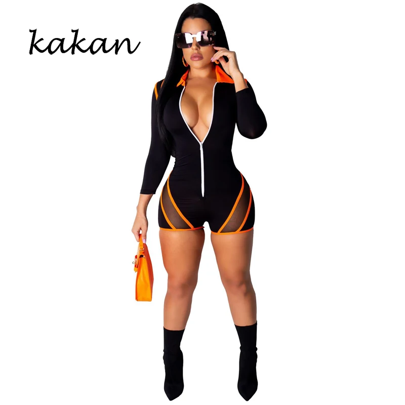 

Kakan new women's jumpsuit fluorescent color stitching mesh sexy slim bodysuit