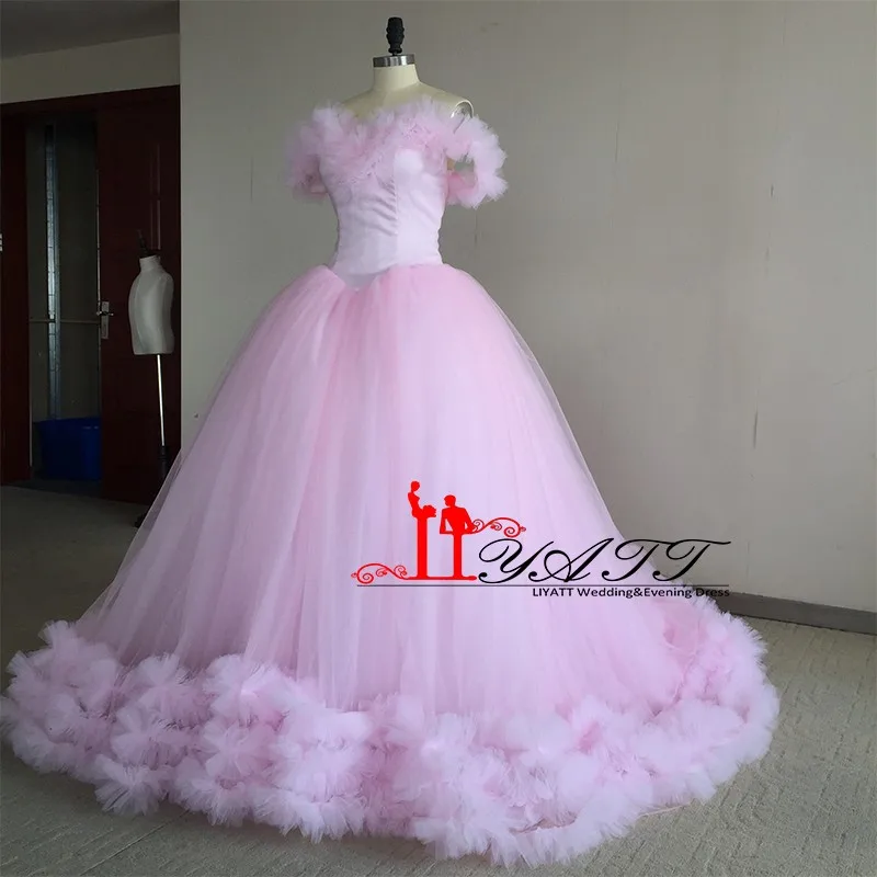 Real Photo Off The Shoulder Baby Pink Flowers Ball Gown Quinceanera Dresses 2017 Tulle Vestidos De 15 Anos Custom | Свадьбы и