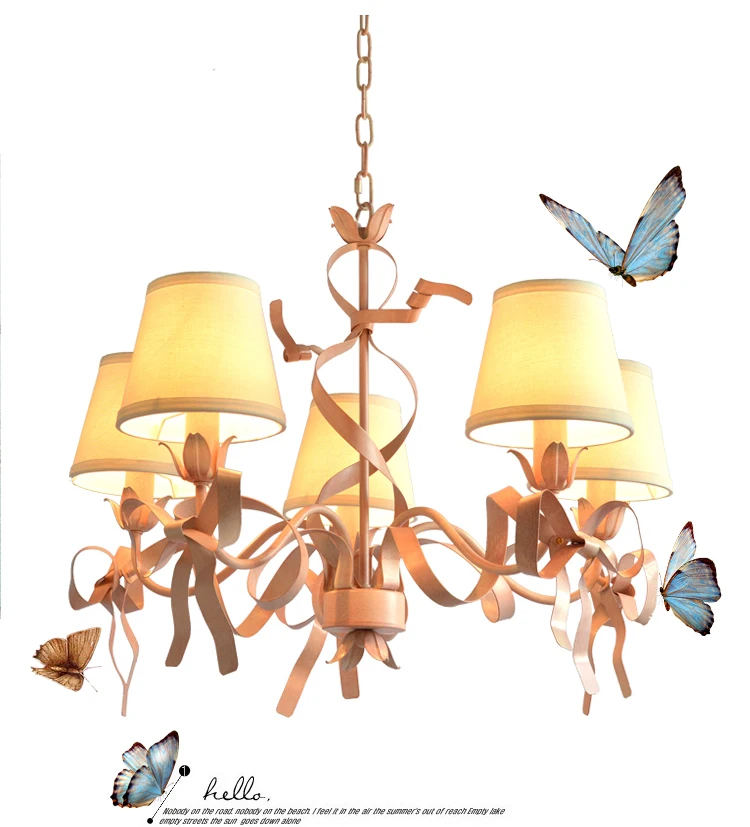 

French Princess Pink Ribbon Art Chandelier suspension Iron Bow Chandelier Lamp European Bedroom Children kids LED pink lamparas