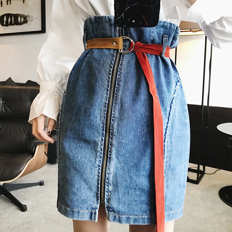 Для женщин Midi Карандаш Bodycon Юбки для Винтаж Демин Жан молния Разделение Пояса