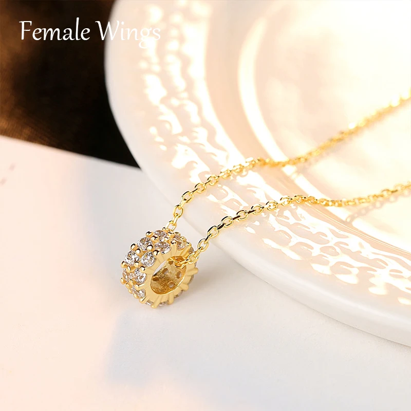 Female Wings 925 Sterling Silver Double Row Full Zirconium Pendant Necklace Plated 18K Real Gold Clavicle Chain FN037 | Украшения и