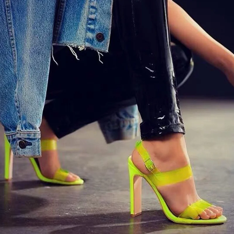 Женские флуоресцентные сандалии на высоком каблуке прозрачные ПВХ квадратном