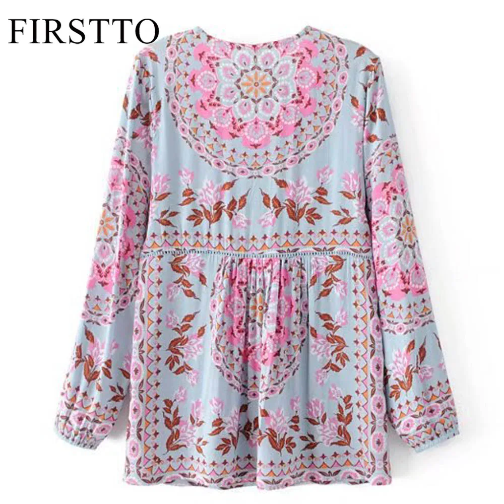 FIRSTTO Этническая цветная Цветочная рубашка с перекрестной шнуровкой