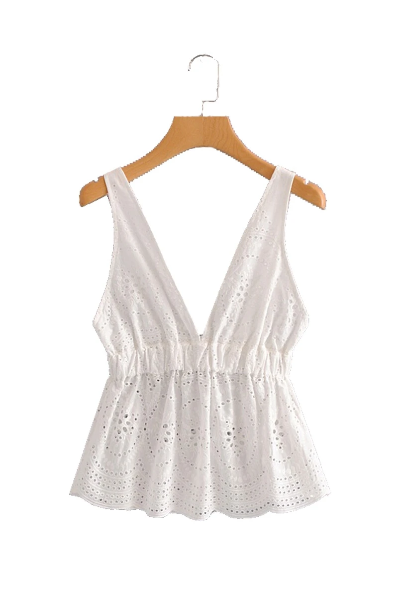 DENISKA 2018 Hollow Out Floral Embroidery Camis Blouse Sexy Sleeveless Backless Pleated Shirts White Ladies Summ | Женская одежда