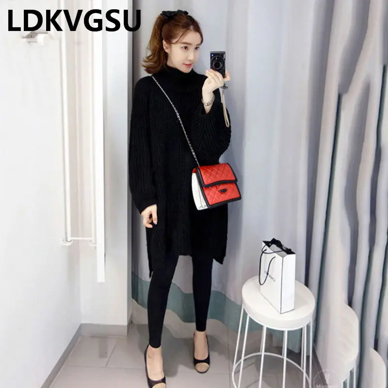 2018 Autumn Winter Turtleneck Batwing Sleeve Pullover Sweater Irregular Women Side Slit Leisure Loose Knit Dress Is969 | Женская одежда