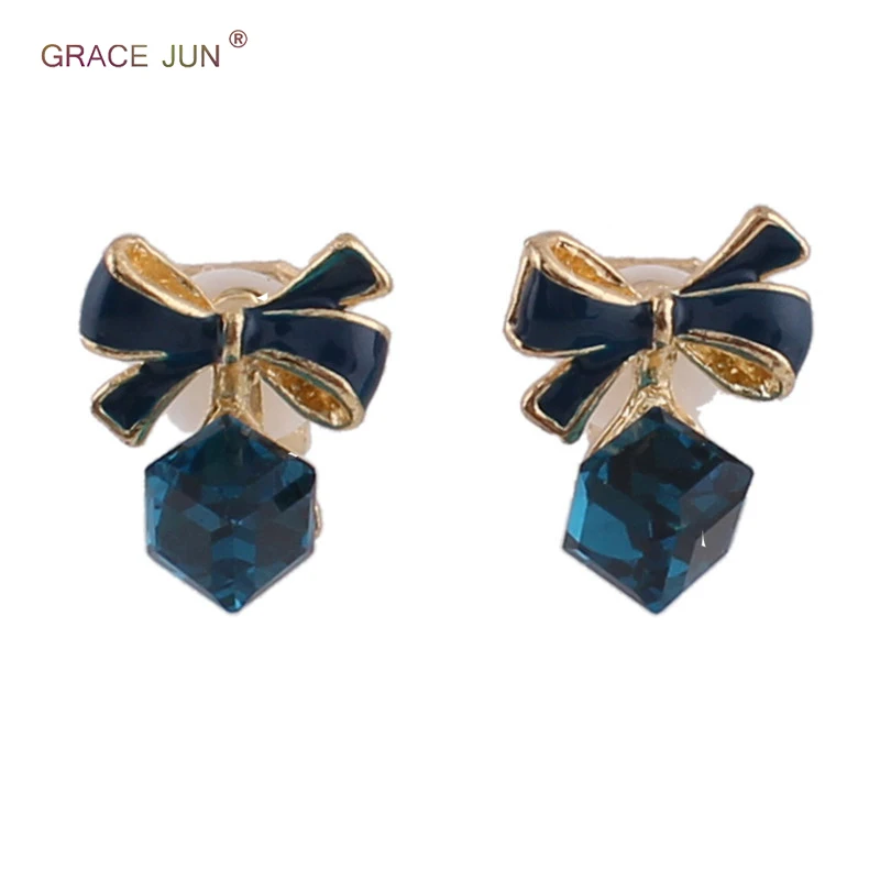 GRACE JUN Fashion Cute Square Crystal Bowknot Clip on Earrings for Girl Party Charm Cushion Needn't Ear Hole | Украшения и