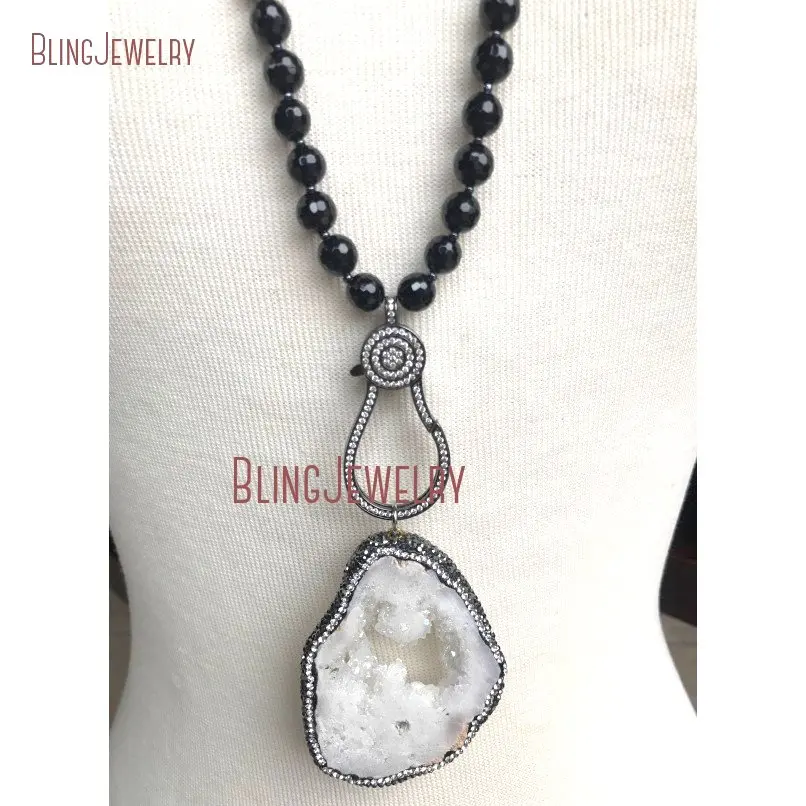 Gunmetal Pave Large Clasp with Pave Crystal White Geodee Druzy Stone Pendant with Faceted Black Onyx and Hematite Beads NM18391