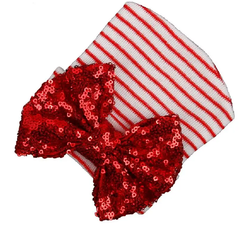 Шапка-бини для новорожденных в полоску с бантом и блестками | Детская одежда