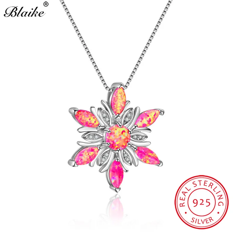 Blaike 925 пробы серебряные подвески со снежинками для женщин розовый/синий/белый огненный опал Ожерелья Радужный камень чокер в подарок - Цвет камня: Pink Opal Necklace