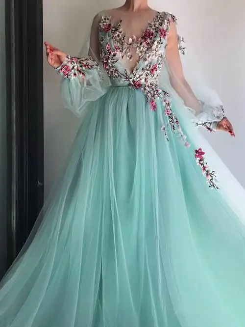same as picture Шикарное ТРАПЕЦИЕВИДНОЕ декольте с цветочным рисунком длинное платье для выпускного вечера вечерние платья с длинными рукавами прозрачные 3D цветы платья для выпускного вечера - Цвет: same as picture