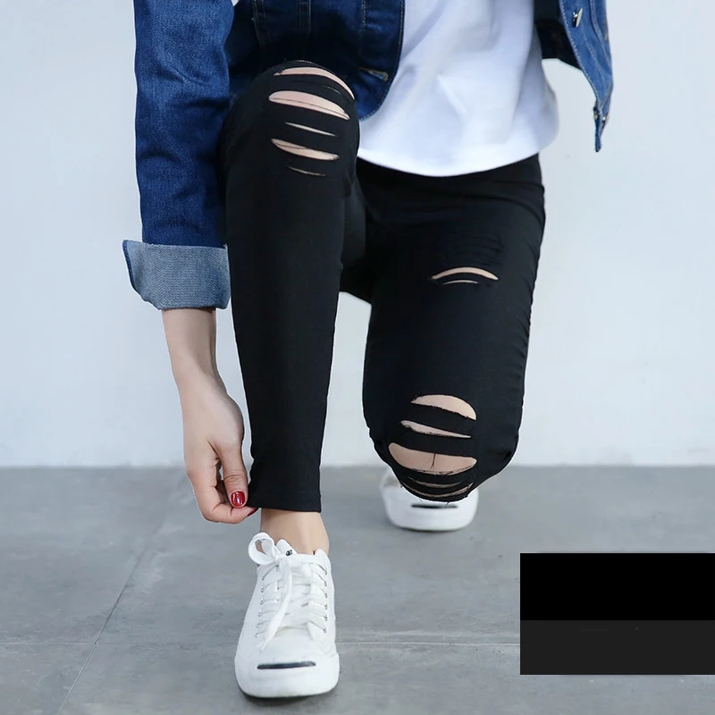 Женские обтягивающие брюки до колена со средней талией длинные с дырками узкие