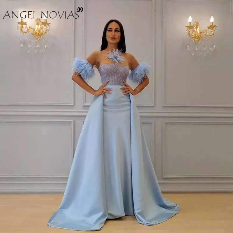 Длинные атласные светильник Голубые Вечерние платья ANGEL NOVIAS из Саудовской Аравии