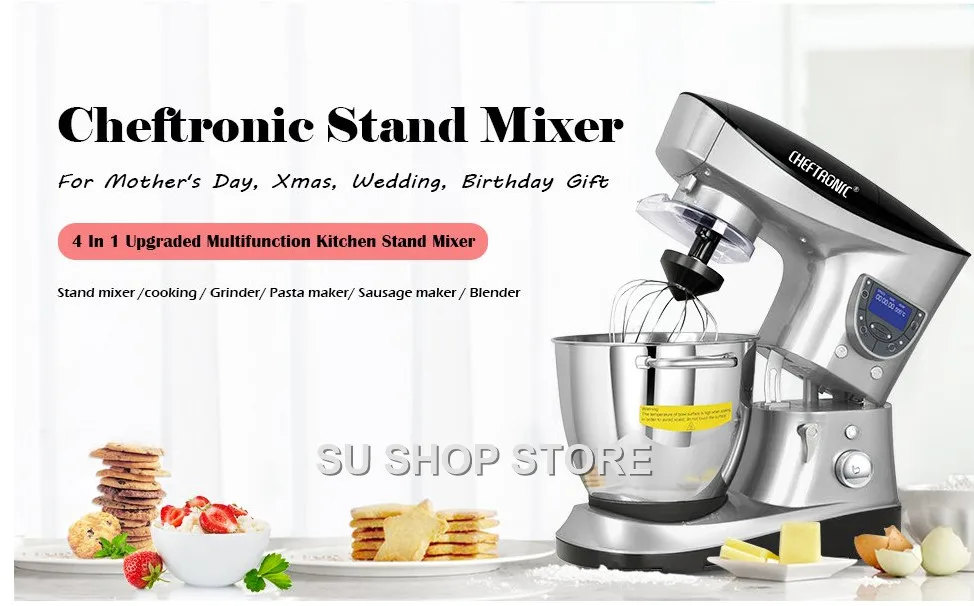 CHEFTRONIC 4 в 1 Многофункциональный кухонный миксер SM-1088, 1000 Вт 7.4QT точный нагрев из нержавеющей миски с мясорубкой B
