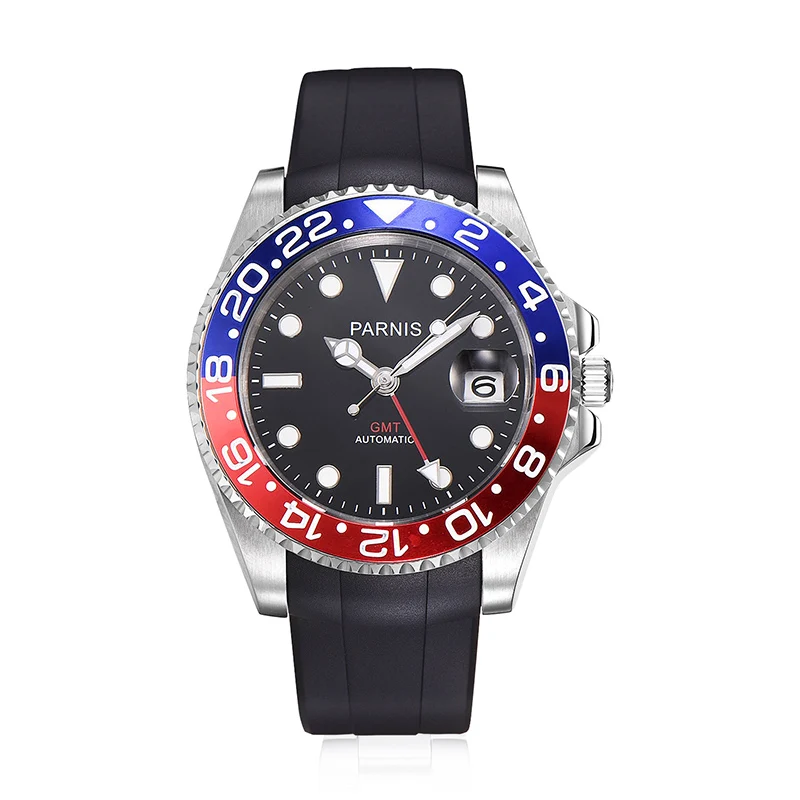 rubber blue red Parnis 40 мм черный циферблат автоматические механические мужские часы GMT Diver Мужские часы лучший бренд класса люкс Saphire Cristal relogio - Цвет: rubber blue red
