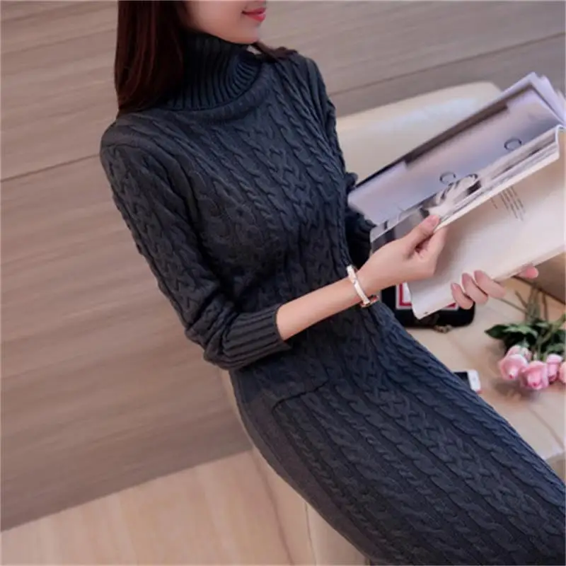 

2019 Autumn winter Casual turtleneck long knitted sweater dress women Cotton slim bodycon dress pullover female dress B403