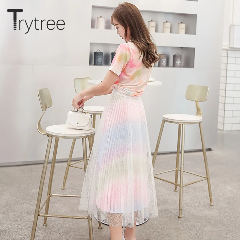 Trytree/летний женский костюм из двух предметов повседневный топ с круглым вырезом и